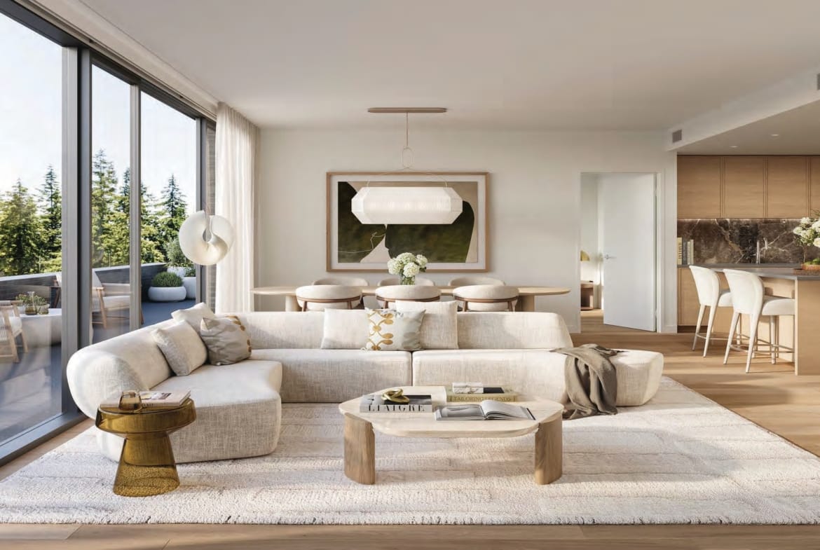 Rockford luxury living room with large windows, soft neutral tones, and balcony access