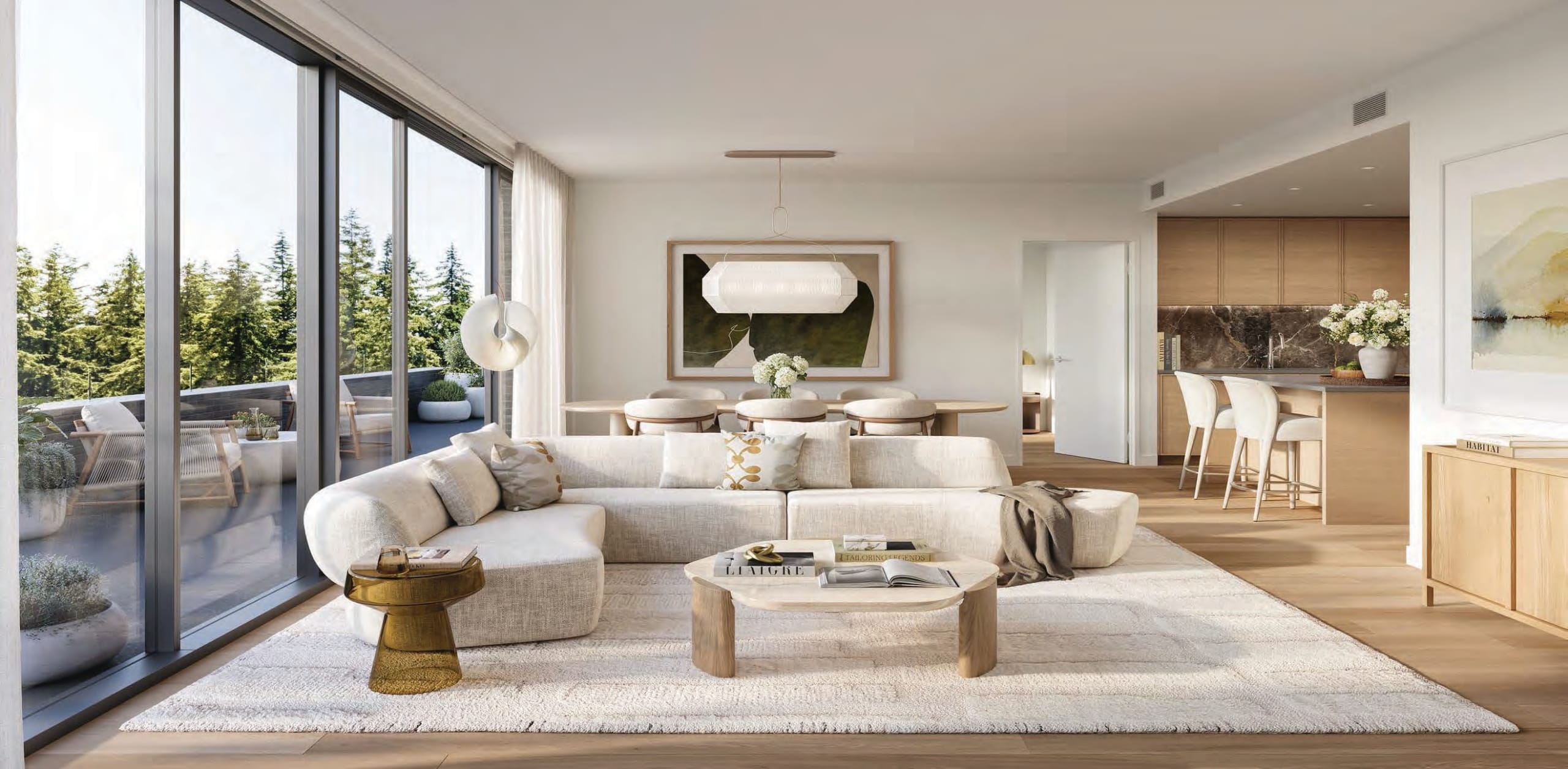 Rockford luxury living room with large windows, soft neutral tones, and balcony access