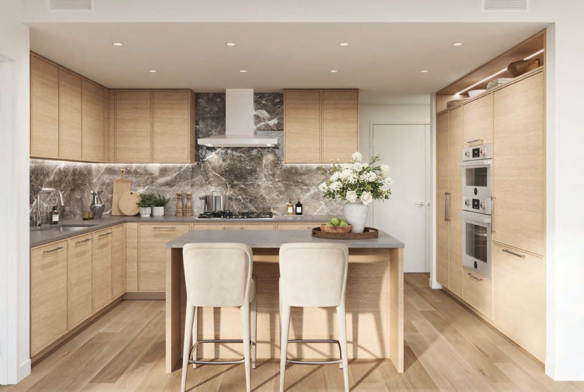 Rockford open concept living room and kitchen with wood finishes, island seating, and contemporary interior design