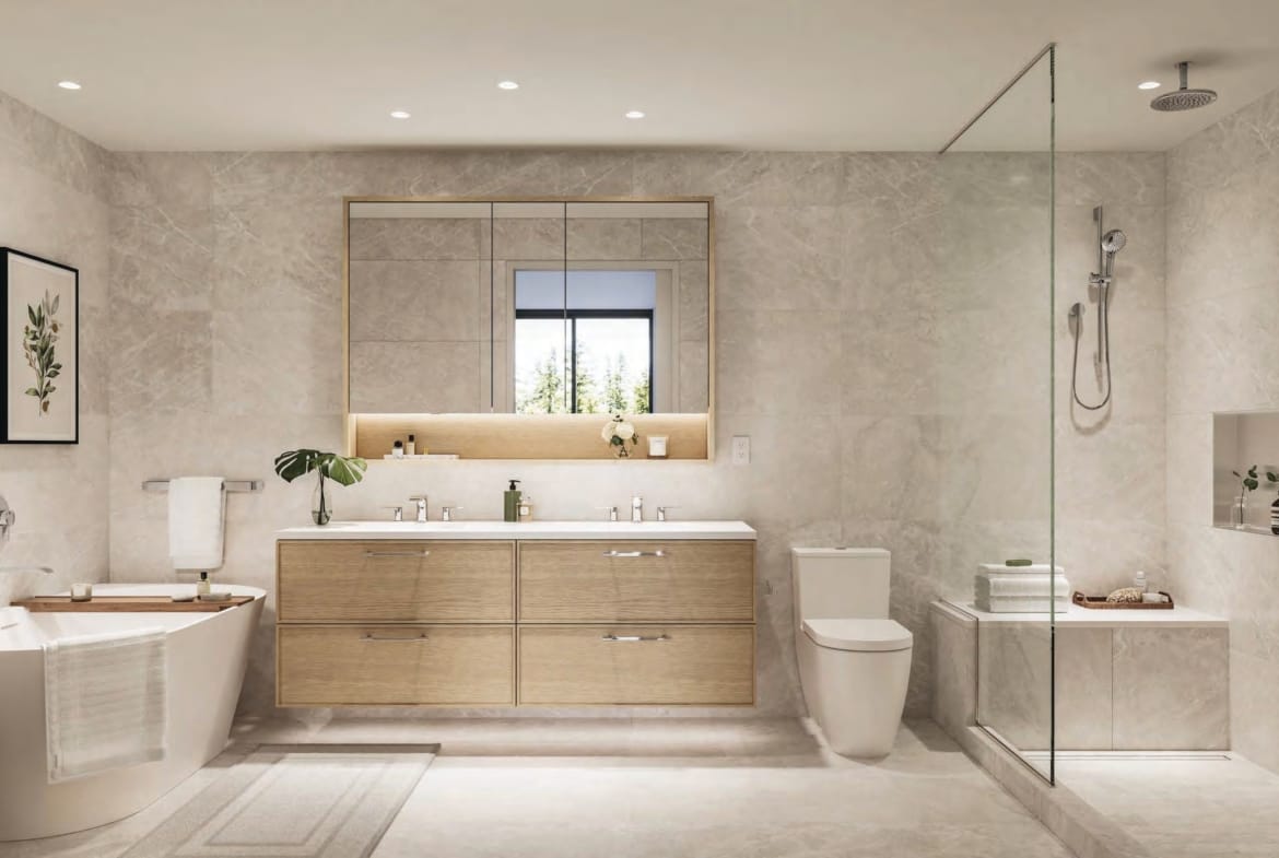 Rockford modern bathroom with freestanding bathtub, glass shower, and minimalist neutral finishes