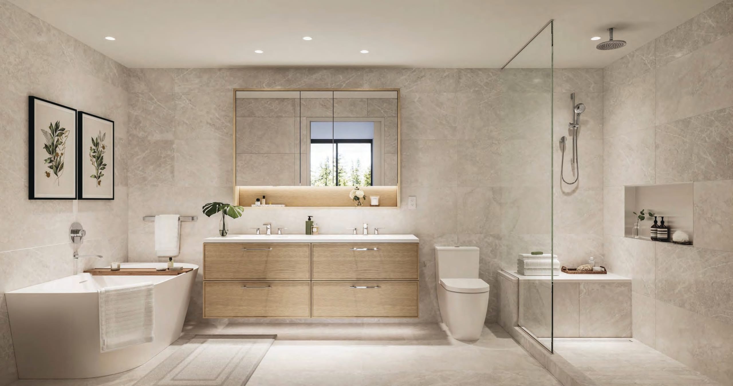 Rockford modern bathroom with freestanding bathtub, glass shower, and minimalist neutral finishes