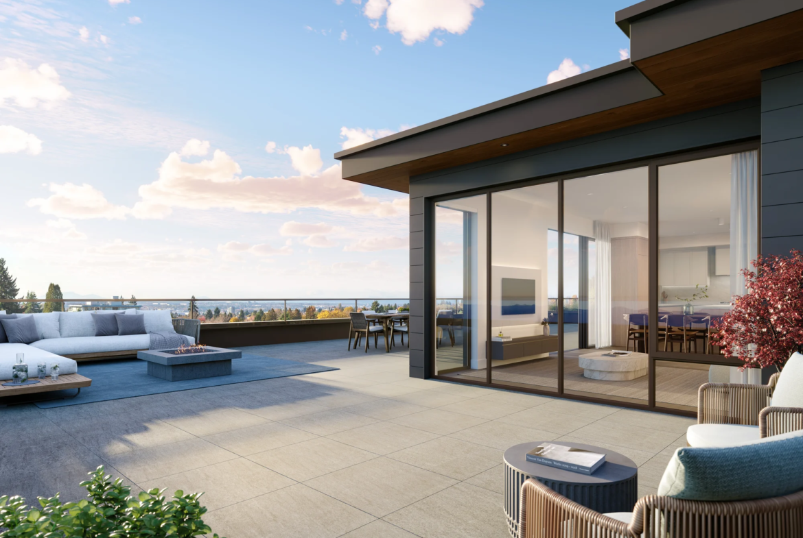 Rooftop terrace with outdoor seating and panoramic city and mountain views