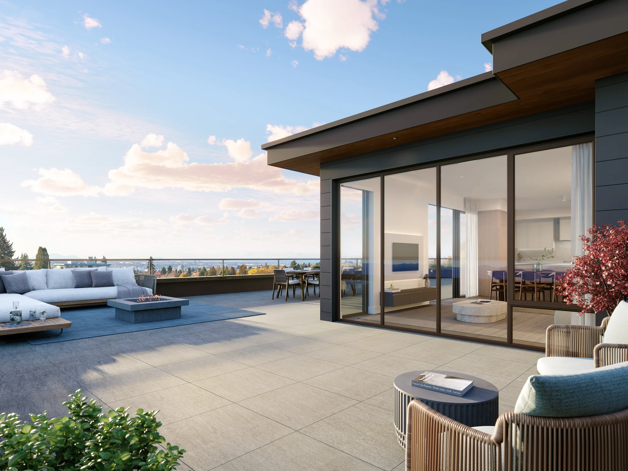 Rooftop terrace with outdoor seating and panoramic city and mountain views