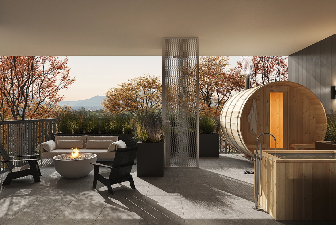 Rooftop terrace with sauna, firepit, and lounge seating at HEM presale