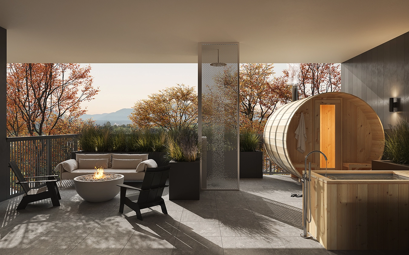 Rooftop terrace with sauna, firepit, and lounge seating at HEM presale