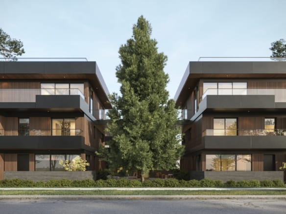 Modern wood and metal exterior condos at WREN Upper West Side Vancouver