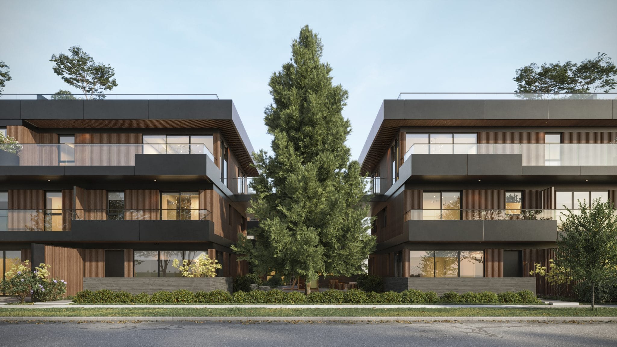 Modern wood and metal exterior condos at WREN Upper West Side Vancouver