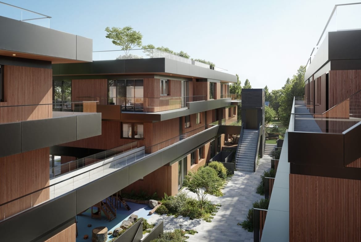 Contemporary stacked townhomes with large balconies WREN Vancouver
