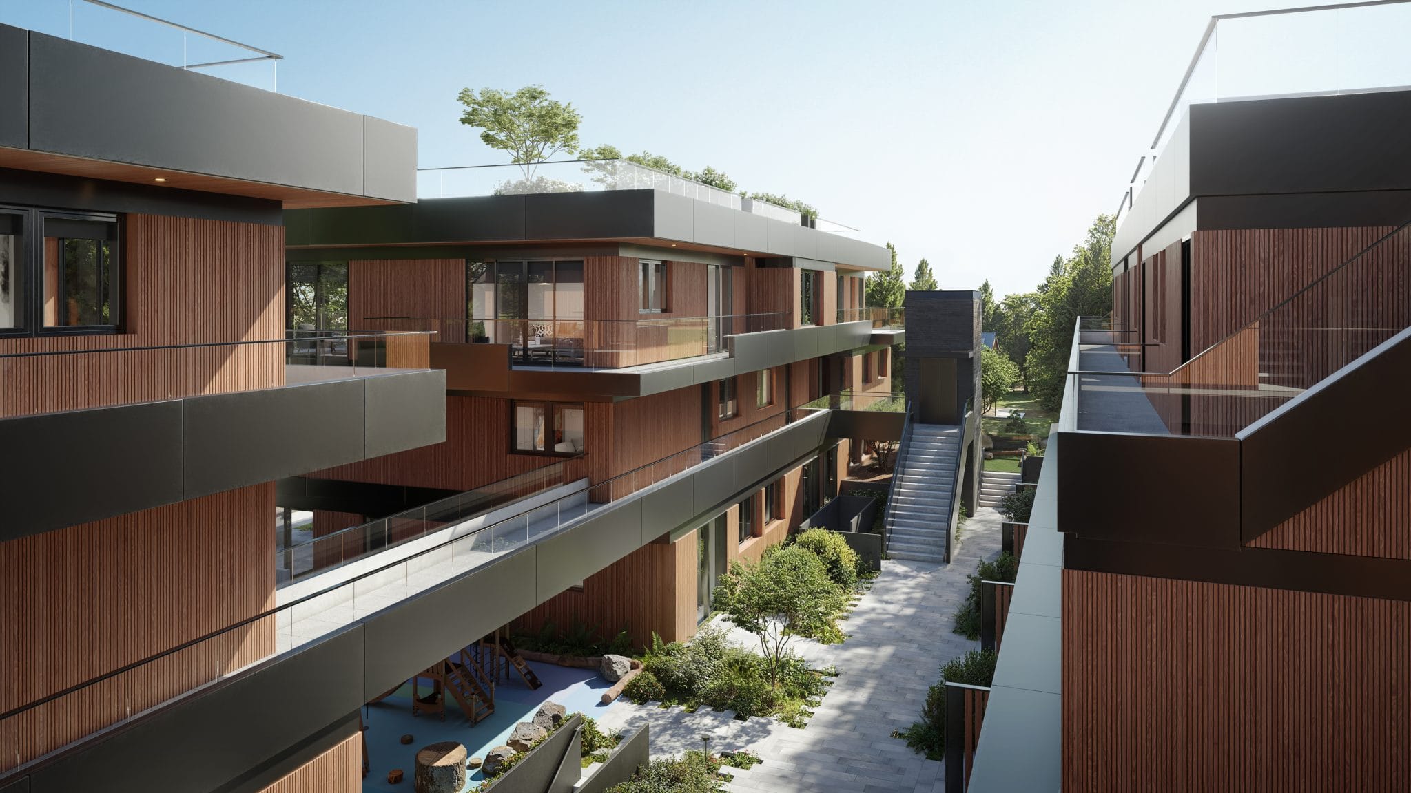 Contemporary stacked townhomes with large balconies WREN Vancouver