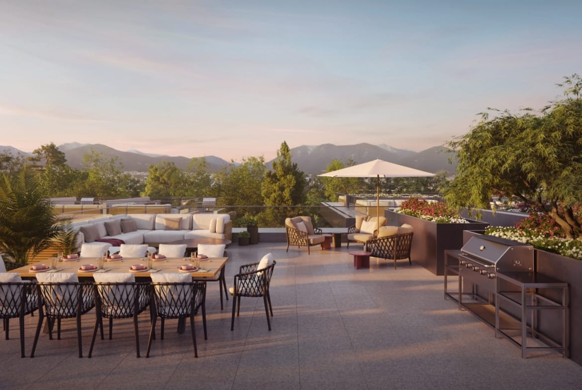 Rooftop terrace with mountain and city views WREN Vancouver