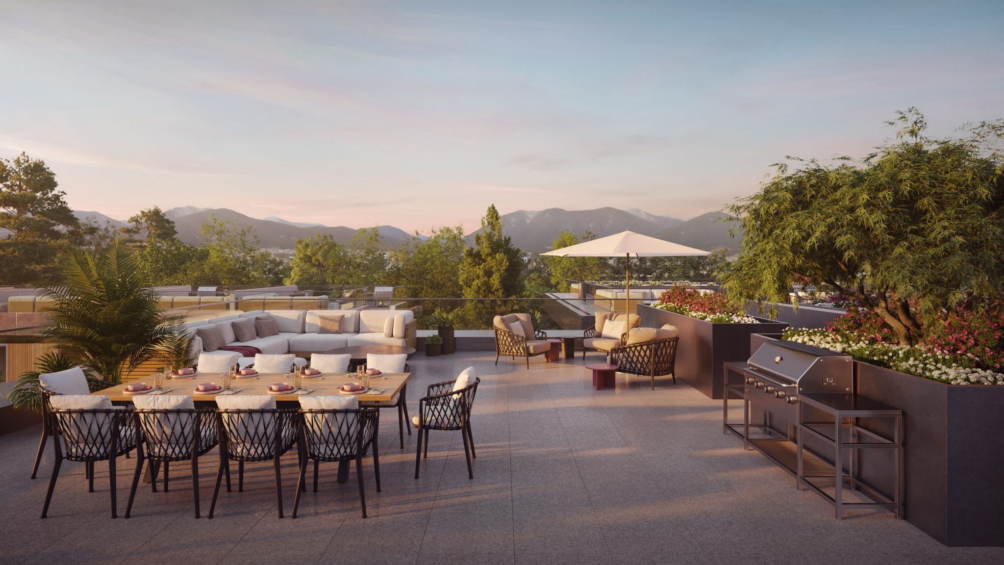 Rooftop terrace with mountain and city views WREN Vancouver