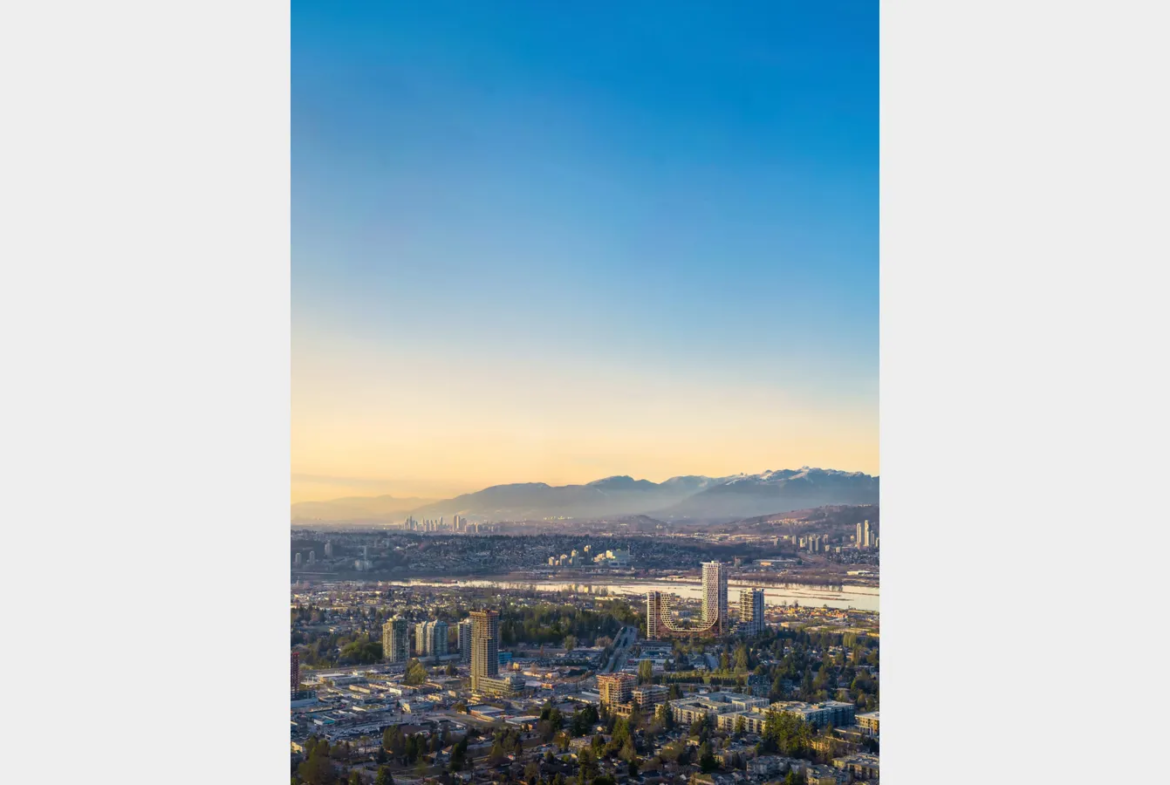 Aerial skyline view showing Bridge City towers near Fraser River