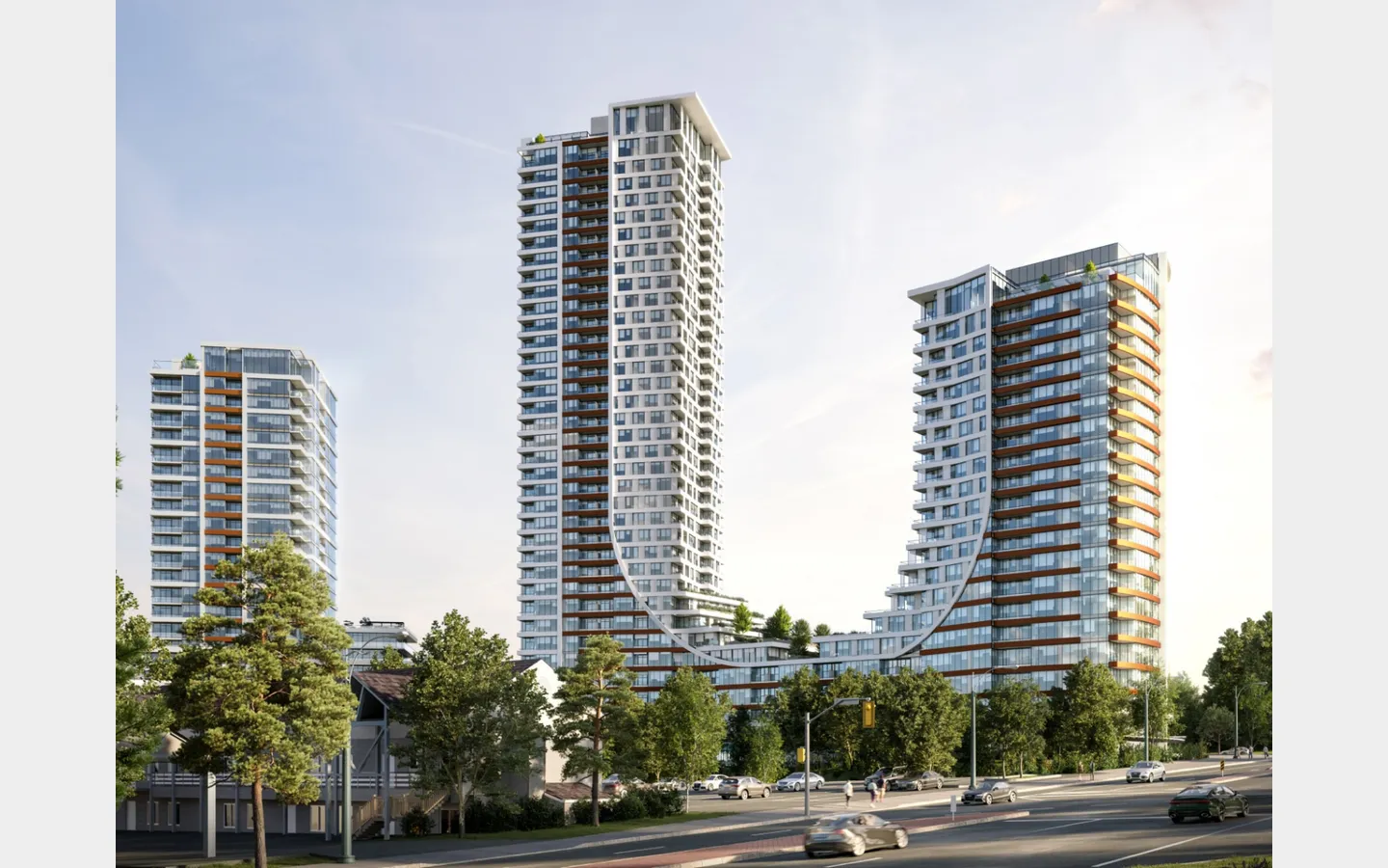 Bridge City Surrey three tower development with curved architecture