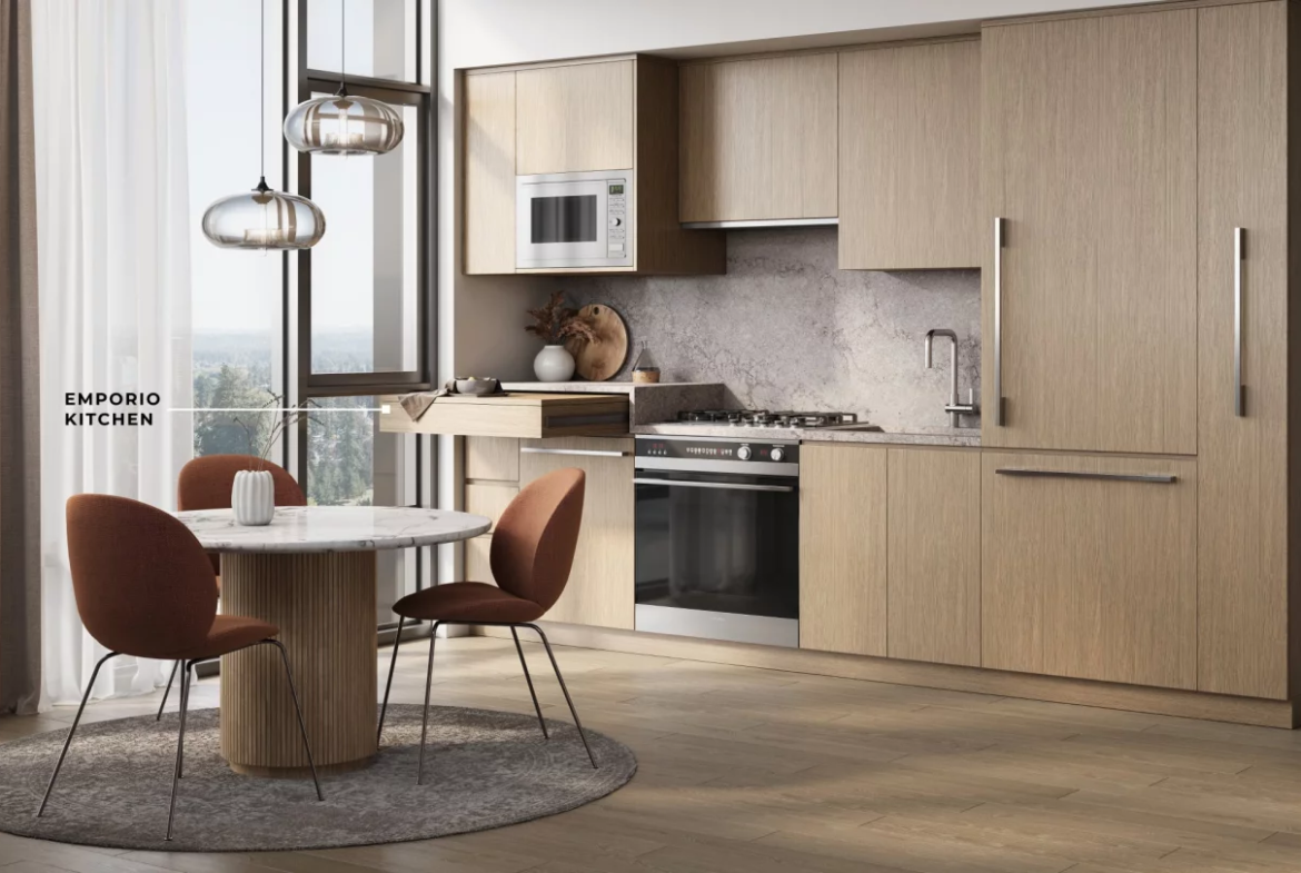 Modern Emporio kitchen with quartz backsplash and integrated appliances