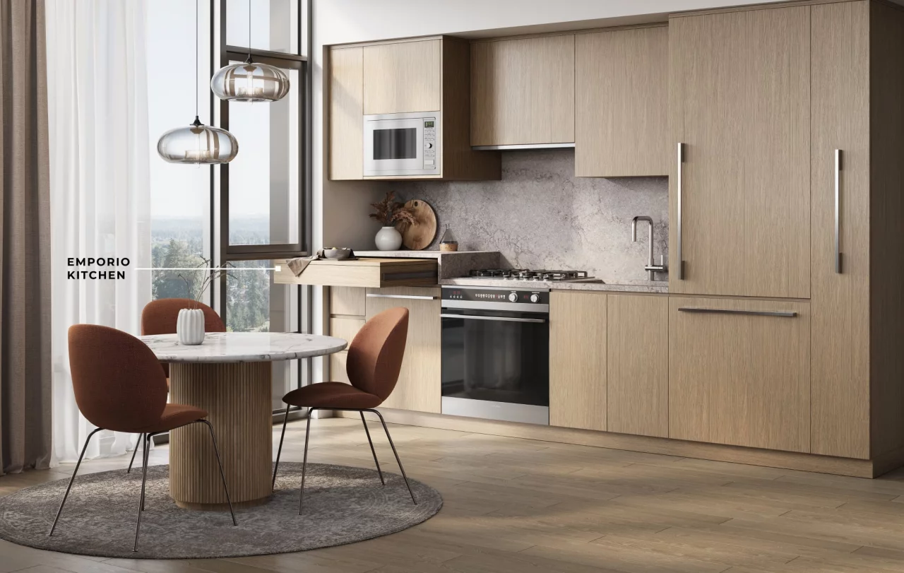 Modern Emporio kitchen with quartz backsplash and integrated appliances