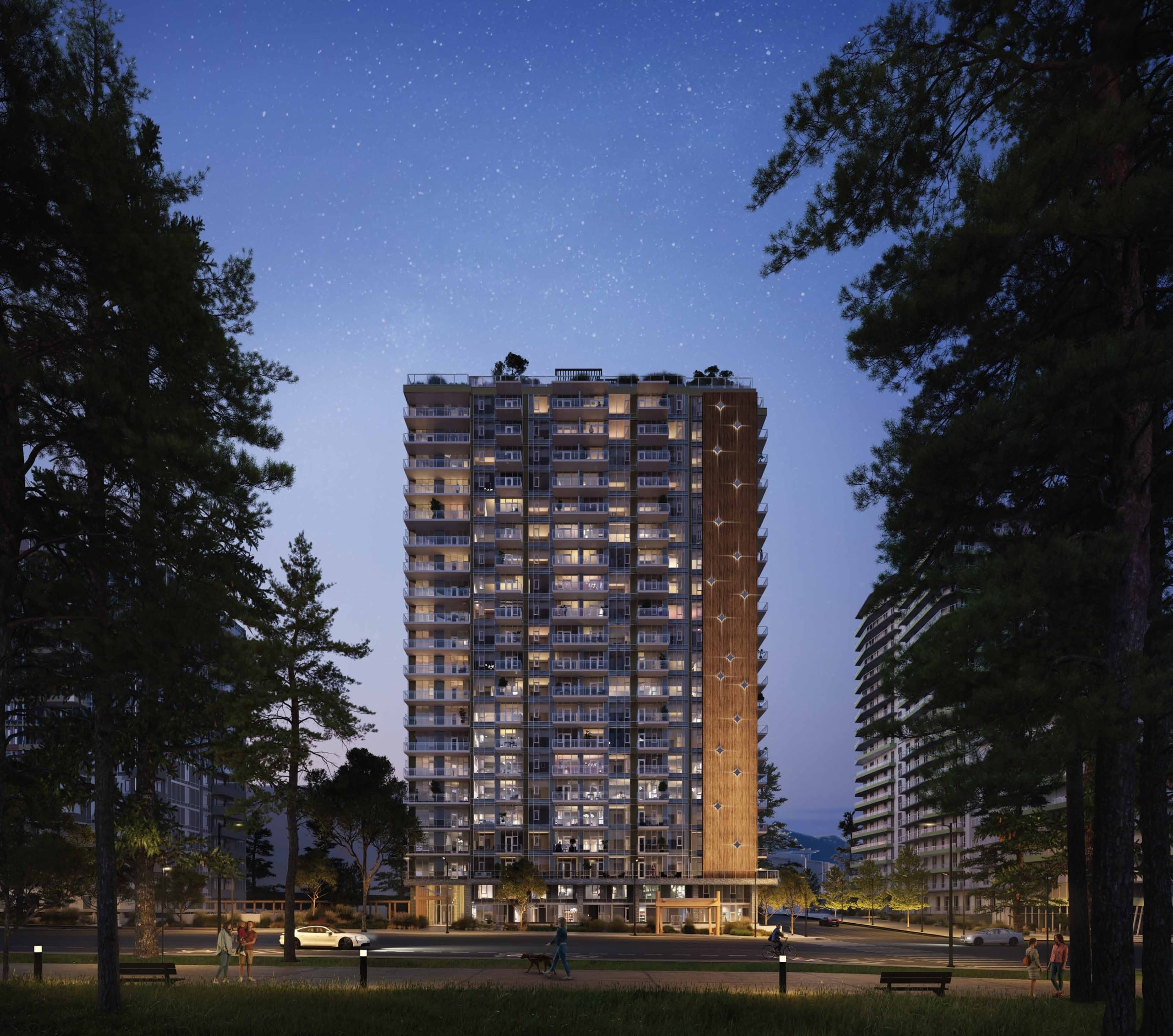 Modern high-rise tower Kwasen Village exterior night view