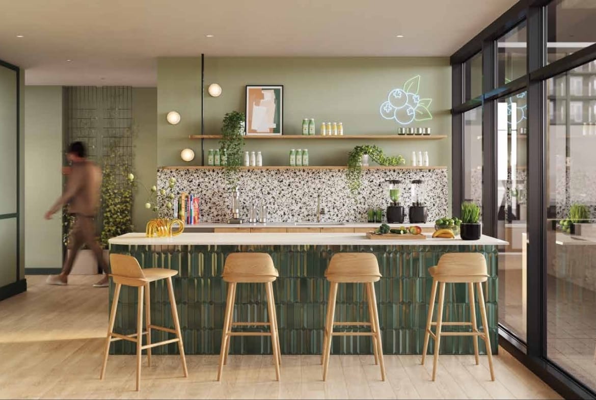 Amenity lounge kitchen social space Kwasen Village