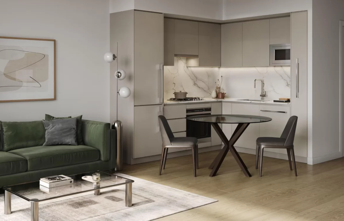 Contemporary condo interior with open kitchen and dining area