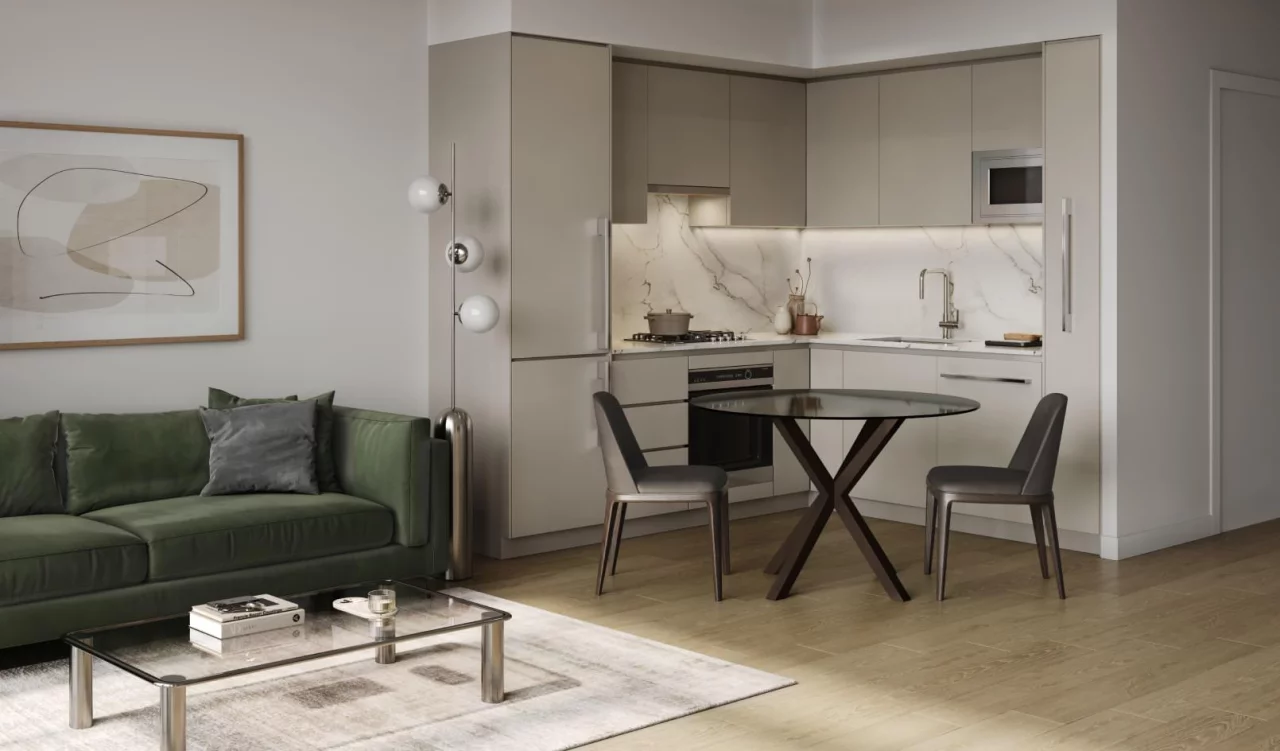 Contemporary condo interior with open kitchen and dining area