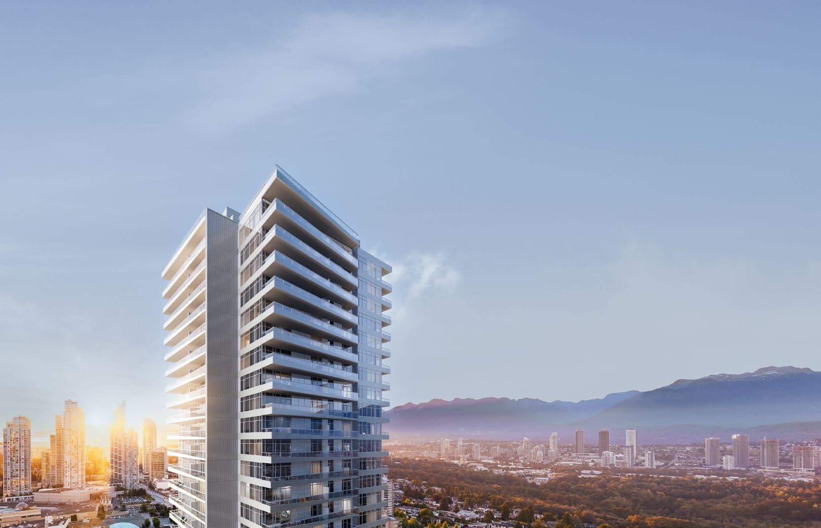 Ethos Metrotown luxury high-rise exterior rendering by Anthem in Burnaby BC