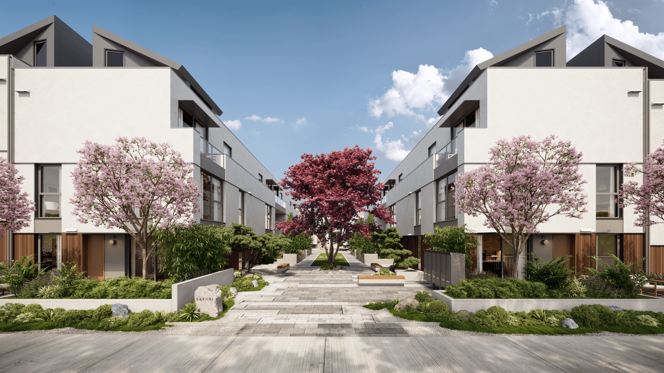 Satori Coquitlam landscaped pedestrian courtyard and garden pathway