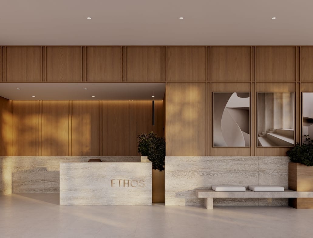 Modern Interior tower architecture at Ethos Metrotown near Metrotown SkyTrain Station