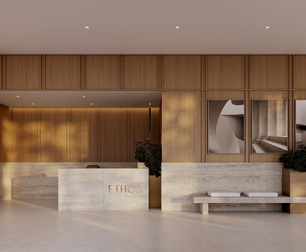 Modern Interior tower architecture at Ethos Metrotown near Metrotown SkyTrain Station