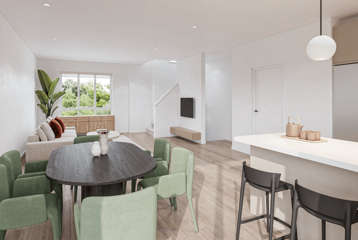 Open-concept dining and kitchen at Fable Surrey