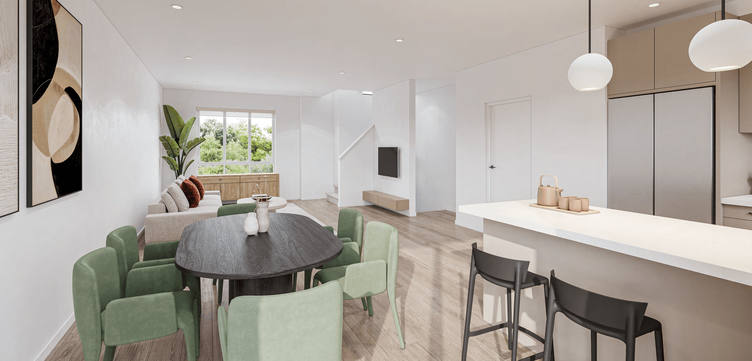 Open-concept dining and kitchen at Fable Surrey