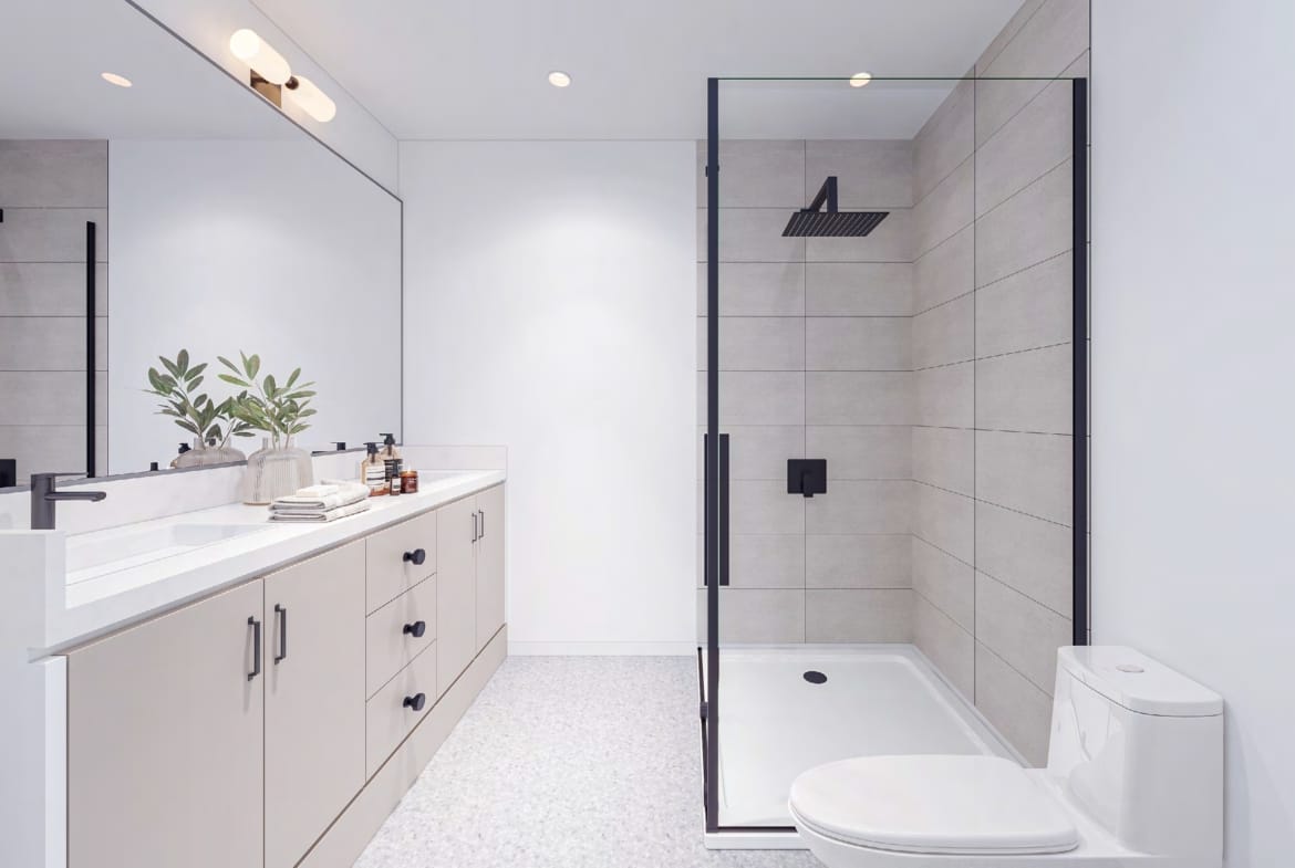 Spa-inspired bathroom interior at Fable townhomes