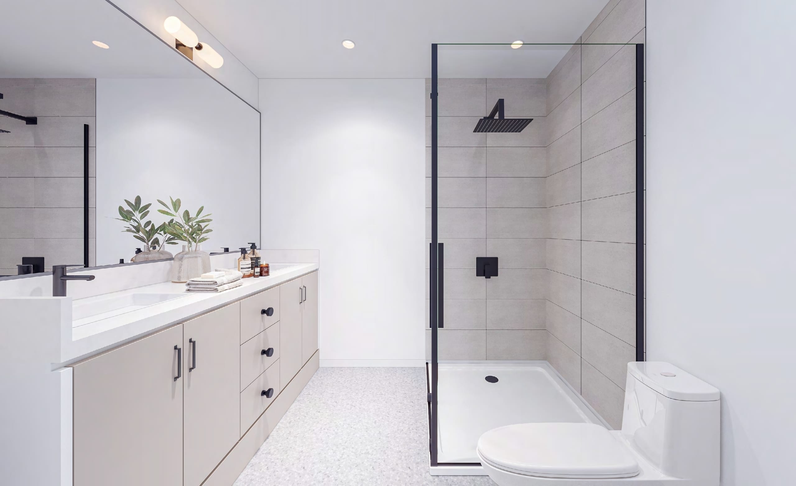 Spa-inspired bathroom interior at Fable townhomes