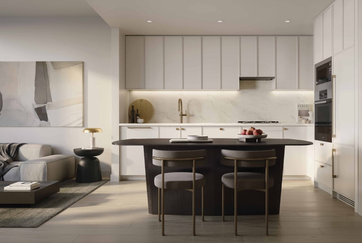 Reign at Metrotown modern kitchen interior with white cabinetry and dark island