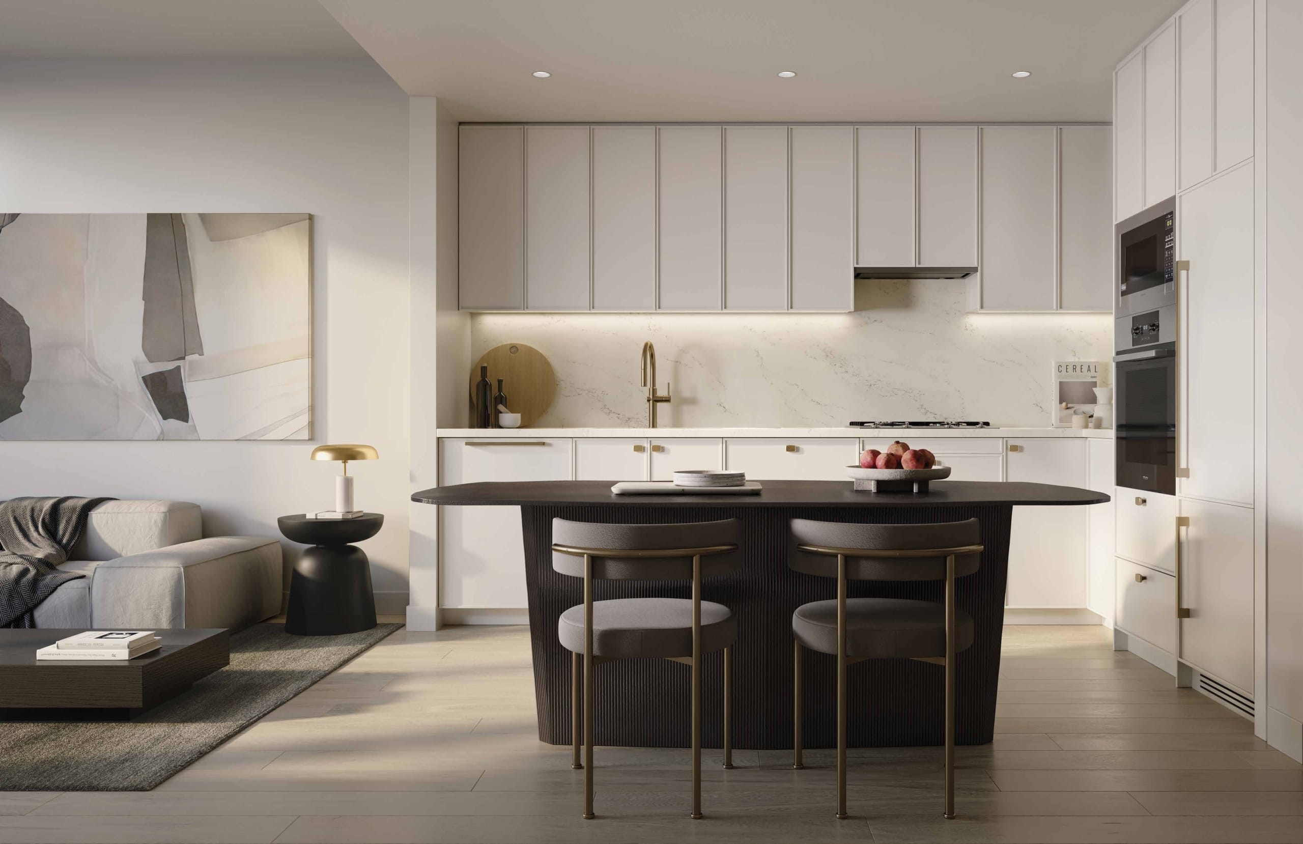Reign at Metrotown modern kitchen interior with white cabinetry and dark island