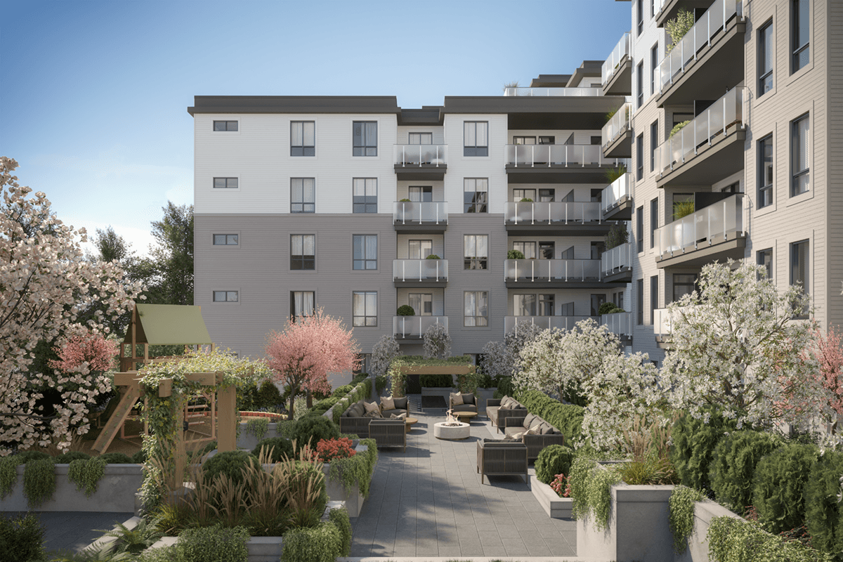 Level – Main Courtyard Optimized Modern courtyard at Level Coquitlam condos