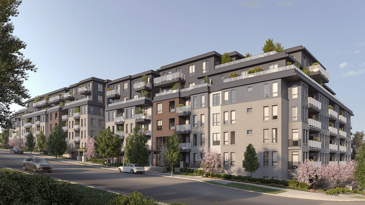 Level – Street Exterior Day Optimized Contemporary exterior rendering of Level condos