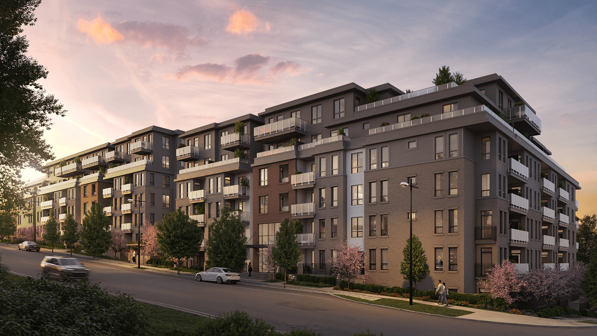 Level – Street Exterior Dusk Optimized Modern presale condos in Coquitlam