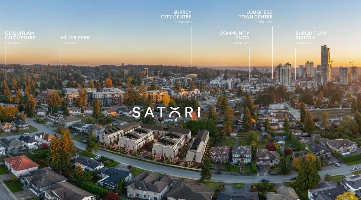 Satori presale community exterior at sunset in West Coquitlam