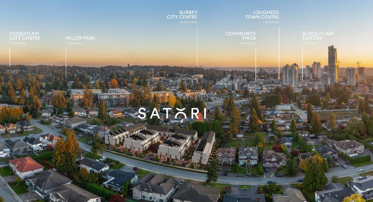Satori presale community exterior at sunset in West Coquitlam