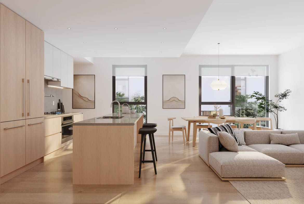 Satori West Coquitlam modern open-concept living room and kitchen