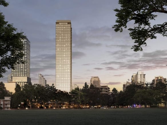 Solhouse 6035 Burnaby presale tower exterior overlooking Central Park