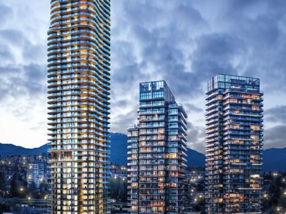 Étoile Gold luxury condo towers in Brentwood Burnaby at dusk