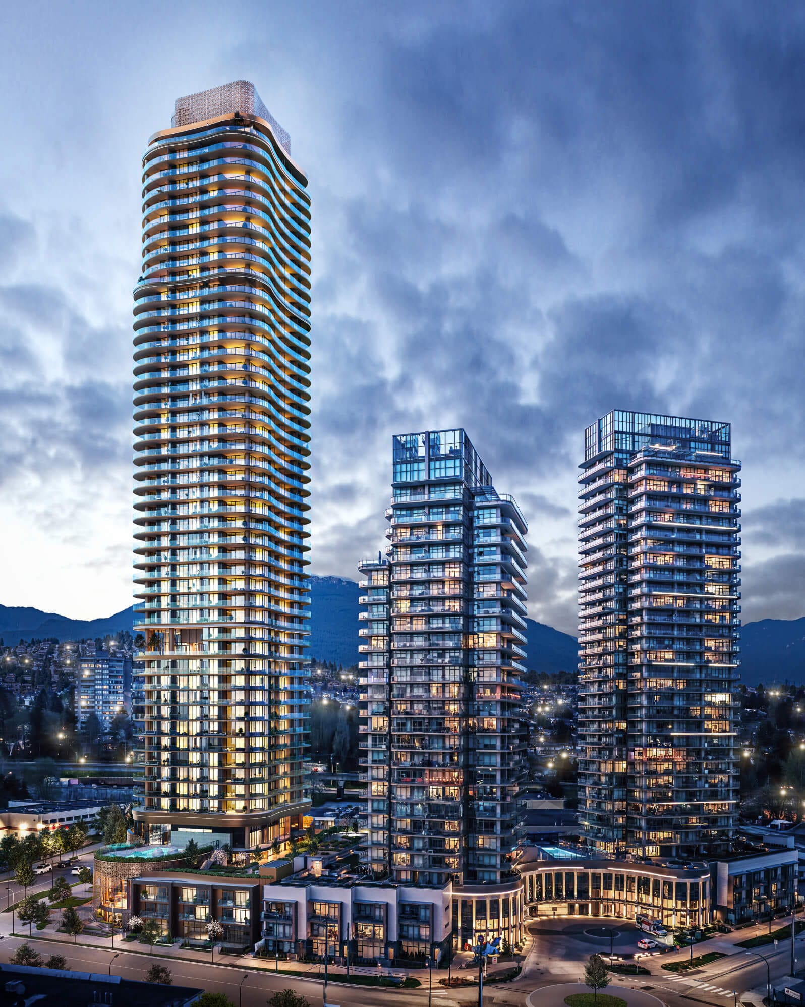 Étoile Gold luxury condo towers in Brentwood Burnaby at dusk