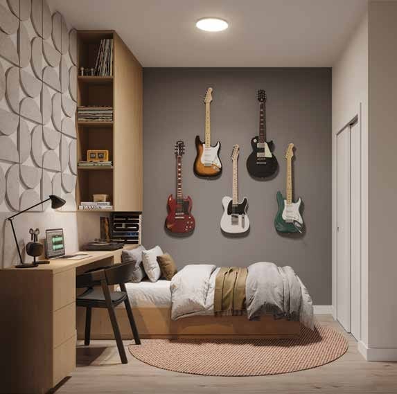 Contemporary bedroom with built-in workspace