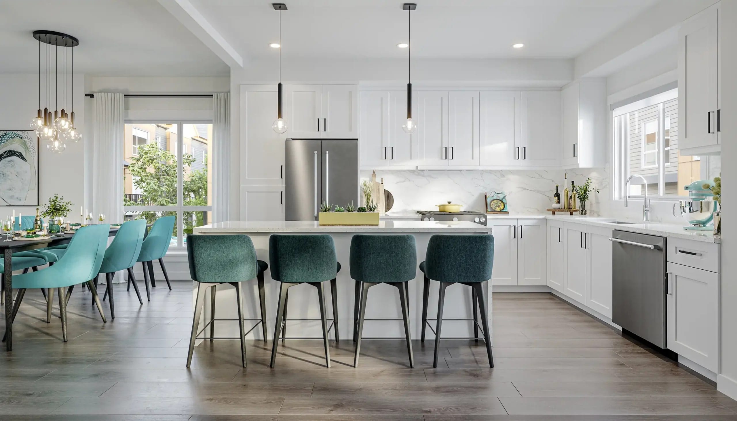 Contemporary townhouse kitchen featuring quartz countertops.