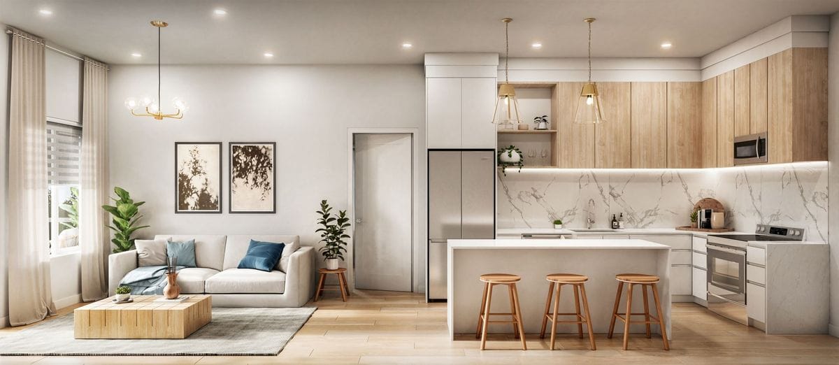 Bright open-concept kitchen and living room with quartz countertops.