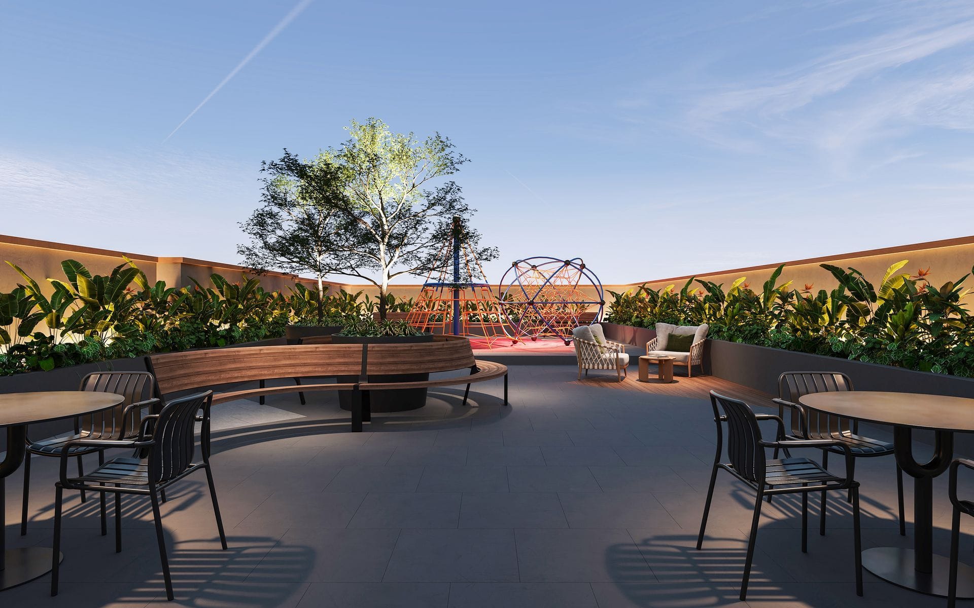 Rooftop outdoor terrace with seating and landscaped gardens.