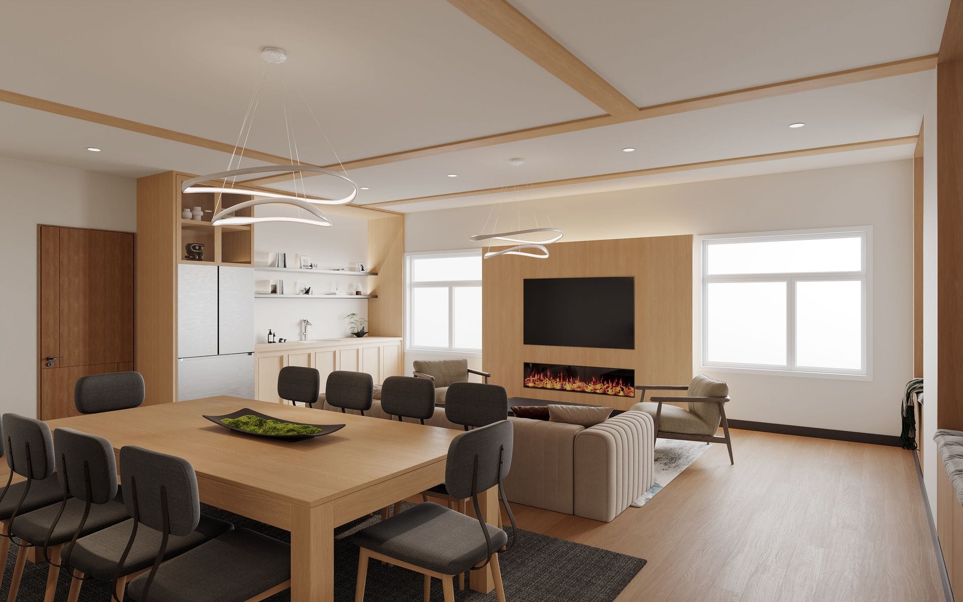 Spacious dining and entertainment lounge with fireplace.